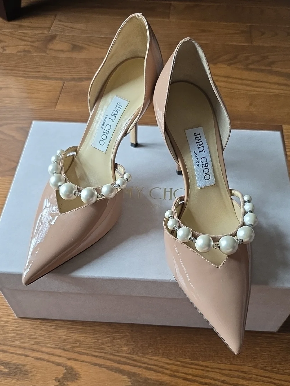 Jimmy Choo Nude Patent Leather Pearl-Embellished Pointed Toe Heels - Picture 1 of 6